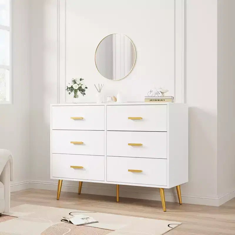 Commode moderne en bois à 6 tiroirs avec poignées dorées pour chambre à coucher ou salon