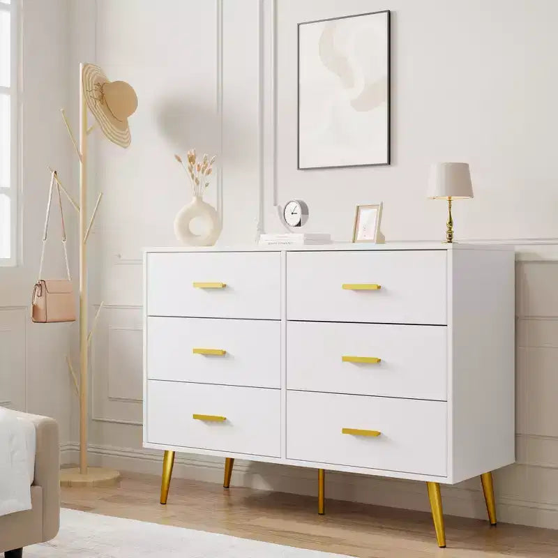 Commode moderne en bois à 6 tiroirs avec poignées dorées pour chambre à coucher ou salon