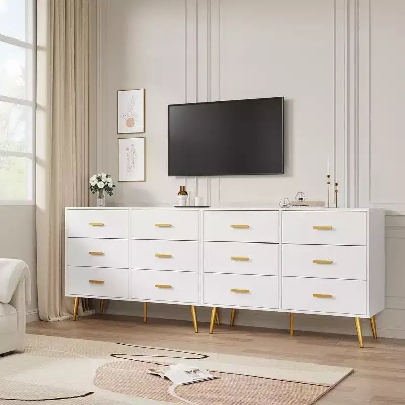 Commode moderne en bois à 6 tiroirs avec poignées dorées pour chambre à coucher ou salon